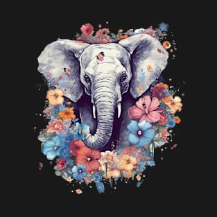 Colorful Elephant Flowers Watercolor T-Shirt