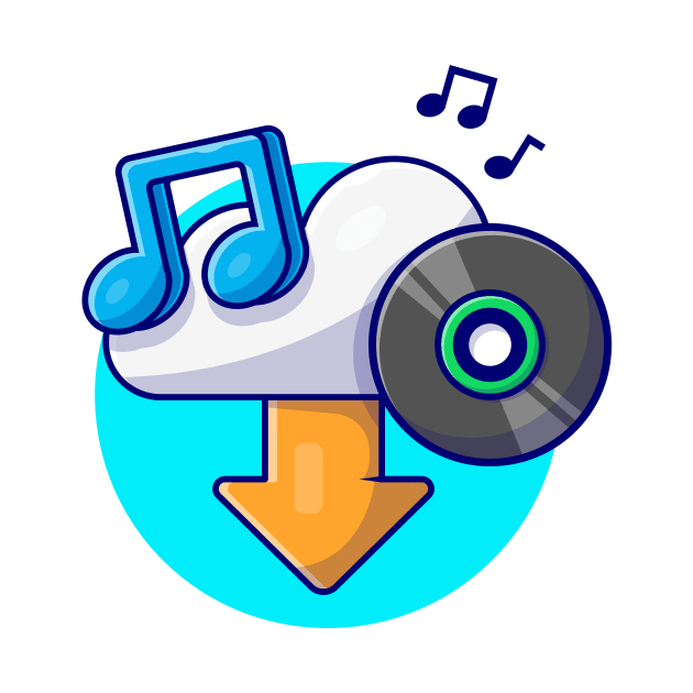 Cloud Download Music with Vinyl, Tune and Note of Music Cartoon Vector Icon Illustration by Catalyst Labs