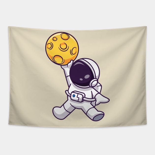 Cute Astronaut Playing Basketball Moon Cartoon Tapestry by Catalyst Labs