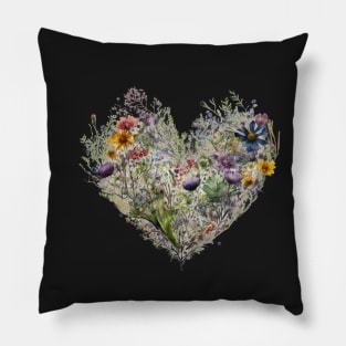 Floral Garden Botanical Print with wild flowers Heart Valentines Pillow