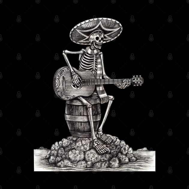 Sugar skull playing guitar on an island day of the dead. by Jiewsurreal