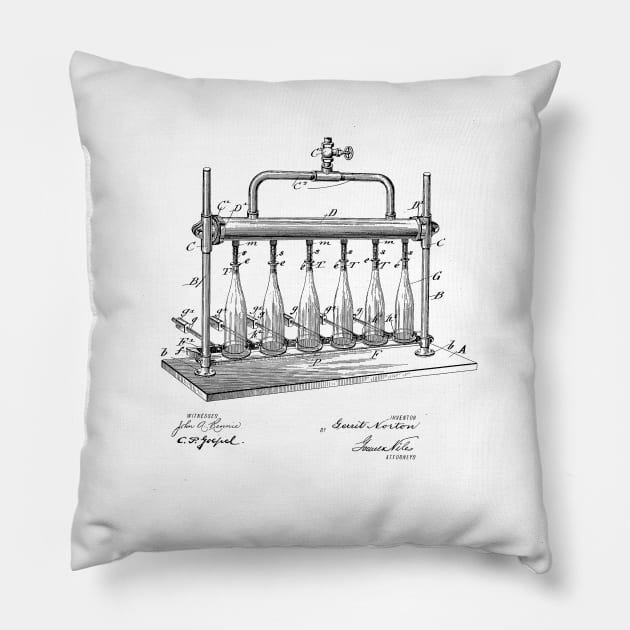 Bottle Filling Machine Vintage Patent Hand Drawing Pillow by TheYoungDesigns