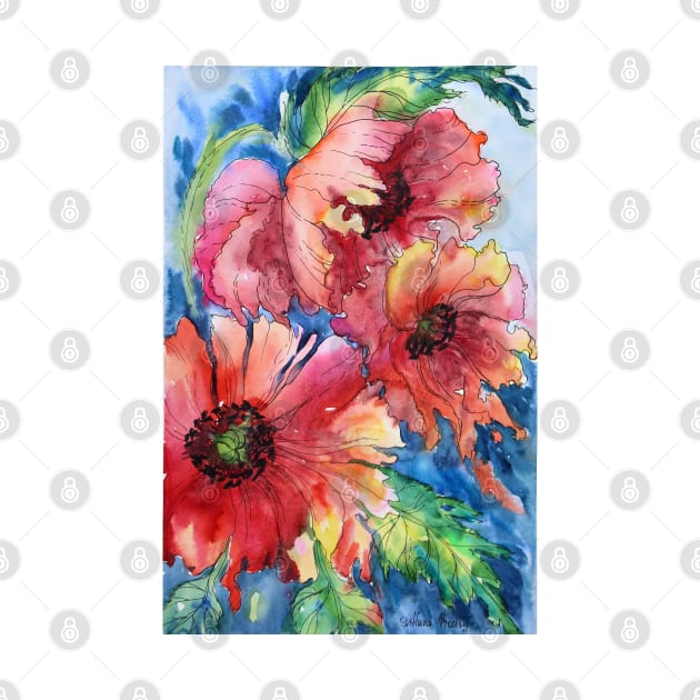 Red Poppy Flowers Watercolor Painting by SvitlanaProuty