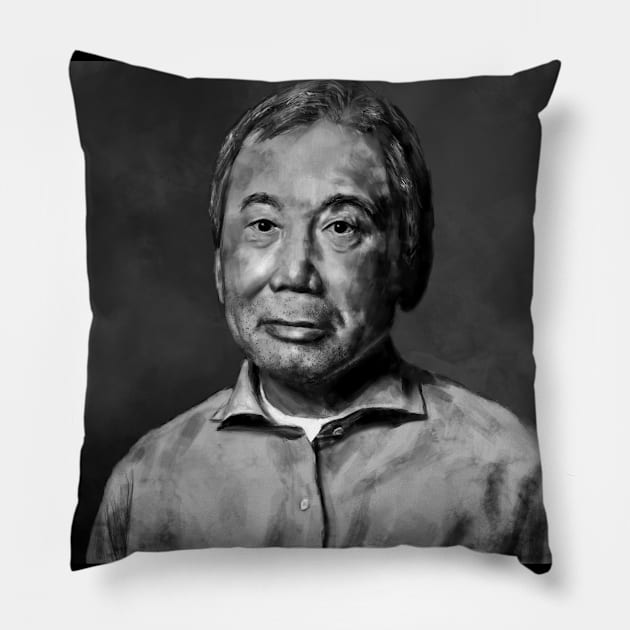 Haruki Murakami Portrait Painting Pillow by KargacinArt