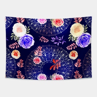 Spring Mandalas and Roses Midnight Blue Tapestry