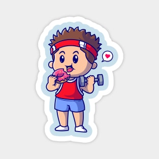 Cute Boy Lifting Barbell And Eating Doughnut Cartoon Magnet