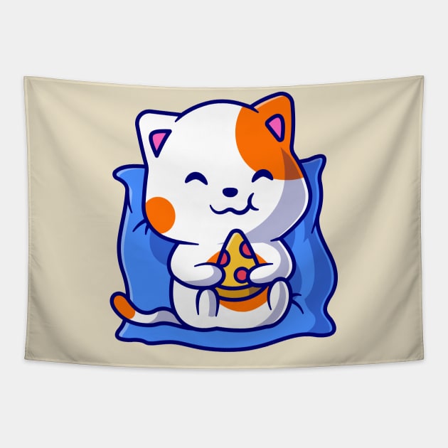 Cute Cat Eating Pizza on Pillow Cartoon Tapestry by Catalyst Labs