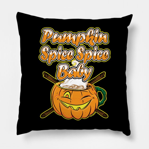 Pumpkin Spicy Spice Latte in a Jack-O-Lantern with Cinnamon Sticks Pillow by eShirtLabs