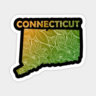 Colorful mandala art map of Connecticut with text in green and orange Magnet