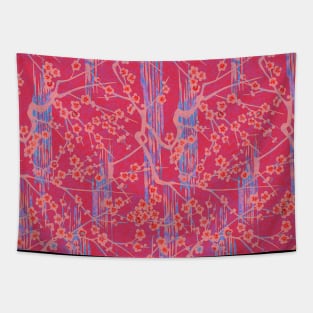 BLUE PINK SAKURA FLOWERS  Antique Japanese Floral Pattern Tapestry