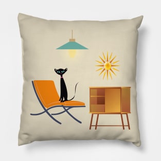 Vintage Cat Surrounded by Retro Furniture Pillow