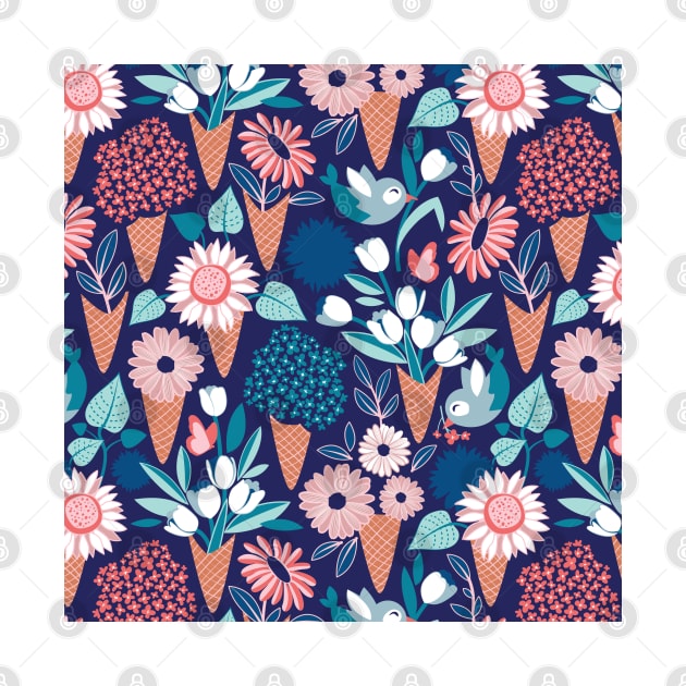 Midsummer I scream flower cones // pattern // navy blue background pink coral and aqua and teal flowers bouquets by SelmaCardoso