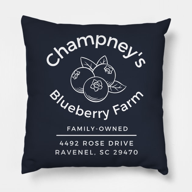 Champney's Blueberry Farm (white letters) Pillow by Brews 2 Go