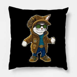 Steampunk Cat in Goggles and Jacket Pillow