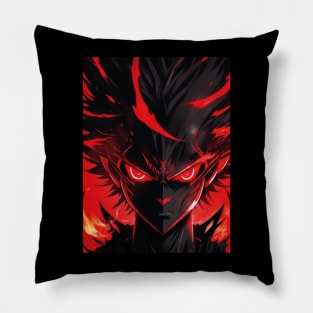A red black shadow in an anime style with red eyes and flames behind it. Pillow