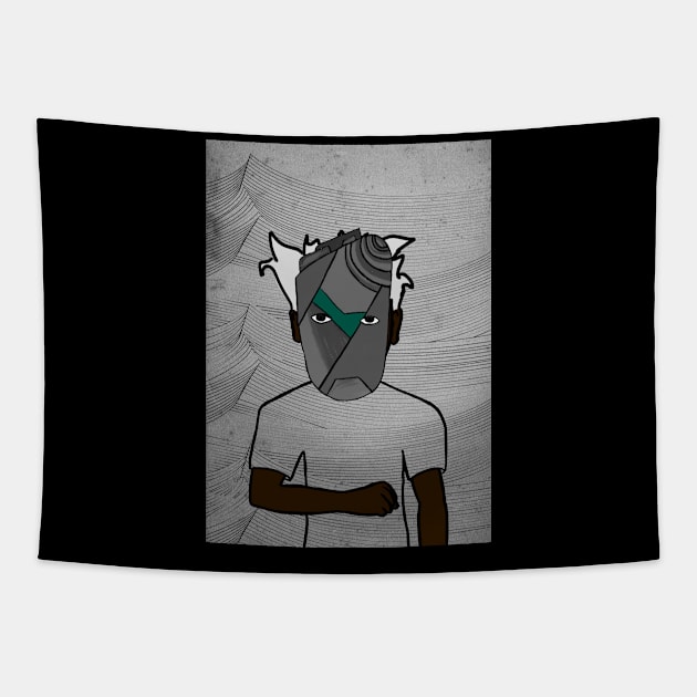 Simon - Dark Male Character with Crayon Mask and Waves Background Tapestry by Hashed Art