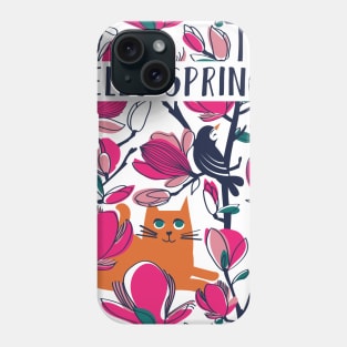 Hello Spring! // spot illustration with quote // orange tabby cat fuchsia pink Magnolia full bloom navy blue branches birds and lines Phone Case