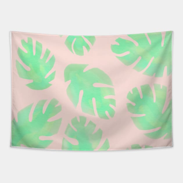 Pink and Green Monstera Leaf Tapestry by AlexandraStr