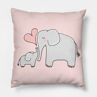 Mom and Baby Elephant with Pink Heart Pillow