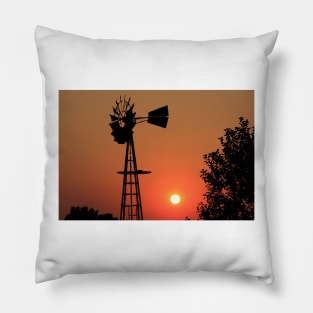 Kansas Blazing Orange Sky with Windmill Silhouette Pillow