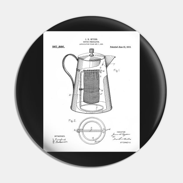 Coffee Percolator Patent - Coffee Shop Art - Black And White Pin by patentpress