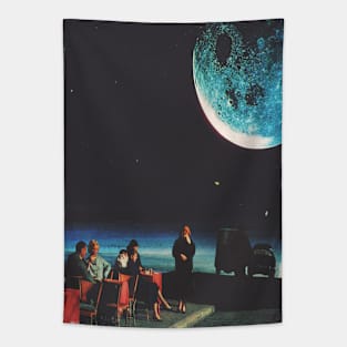 Moonlit Diner,Retro Style Illustration of People Dining Under a Giant Moon Tapestry