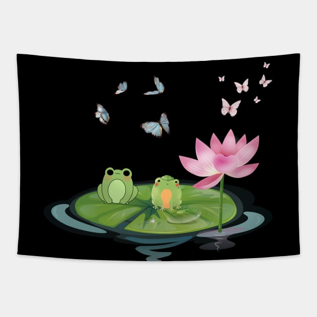 Lotus Frogs Butterflies illustration Tapestry by BellaPixel