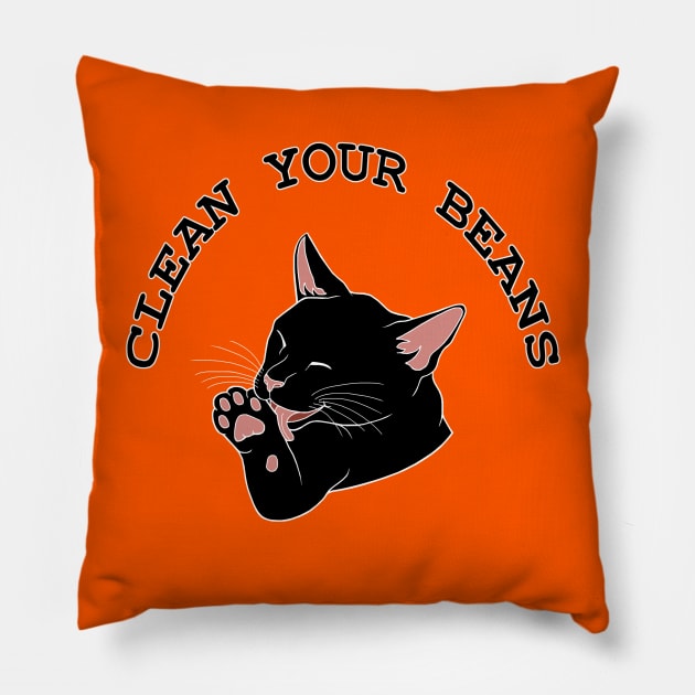 Clean Your Beans Funny Black Cat Pillow by Art by Deborah Camp