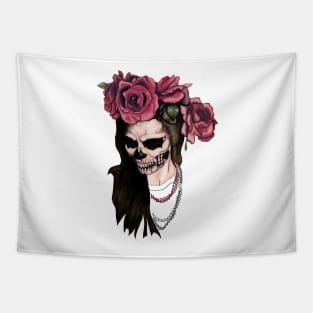 Skull face woman and roses Tapestry