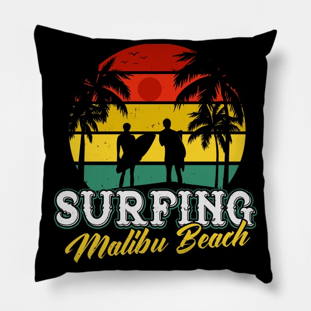 Surfing Malibu Beach Vacation Retro Surfer Pillow by Foxxy Merch