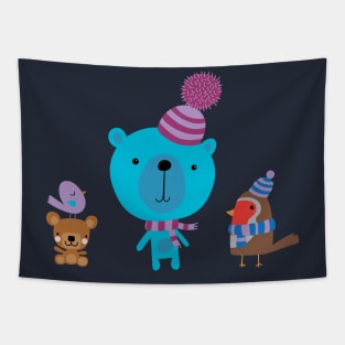 Cute Christmas Friends - Bear, Robin and Bird - Christmas design by Cecca Designs Tapestry