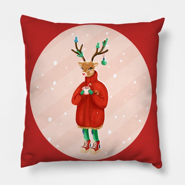 Christmas Deer Drinking cacao Pillow by Bastet019