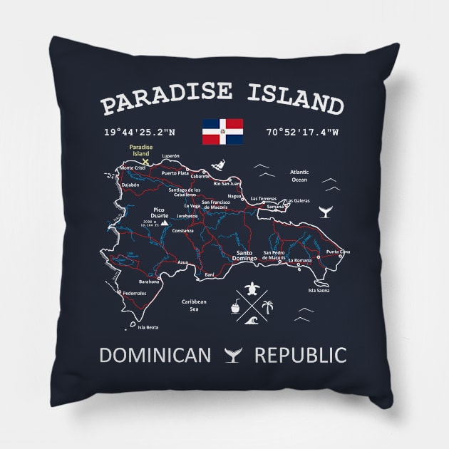 Paradise Island Dominican Republic Flag Travel Map Coordinates GPS Pillow by French Salsa