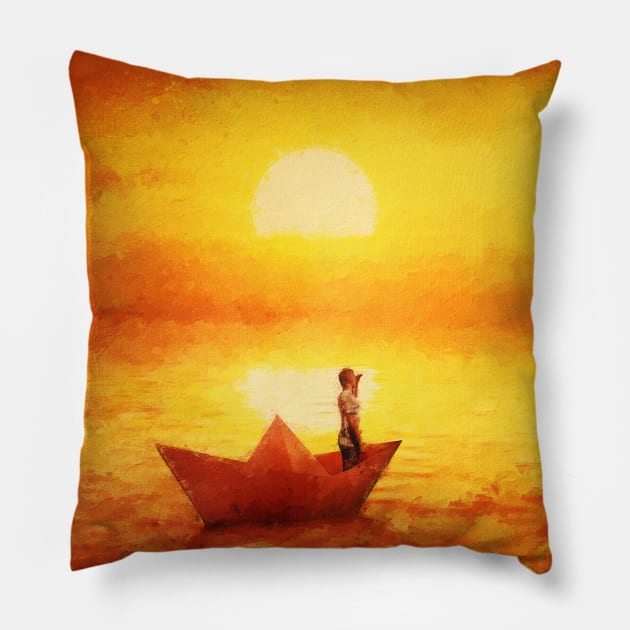 paper boat sailing adventure Pillow by psychoshadow