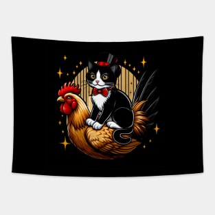 Tuxedo Cat on a Chicken Funny Tapestry
