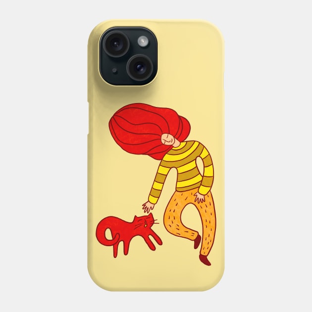 Cool girl with red hair and red cat walking, version 1 Phone Case by iulistration