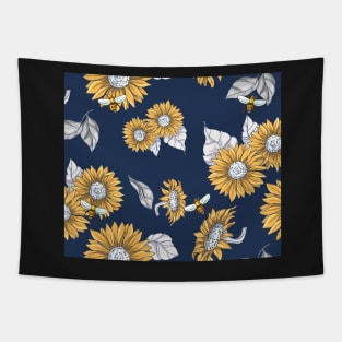 Sunflowers and Honey Bees in Navy Blue Tapestry