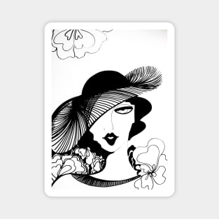 OP ART DECO SEVENTIES POSTER PRINT LADY WITH HAT  BLACK WHITE Magnet