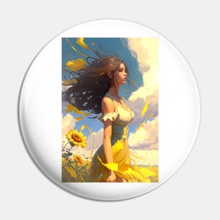 Lovely Woman In A Sun Dress Walking Through A Field of Yellow Flowers Pin