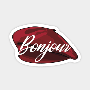 Red French Beret with the word 'bonjour' in it written in white Magnet