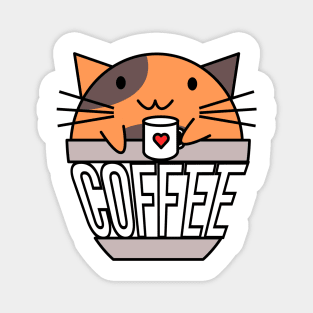 Cat in coffee cup with warped text holding coffee cup with heart orange and brown Magnet