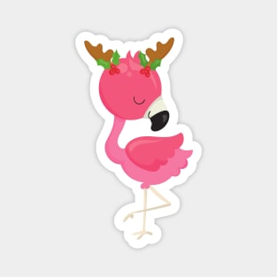 Christmas Flamingo, Pink Flamingo, Antlers, Bird Magnet