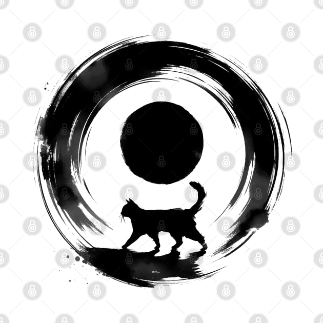 Sumie Enso Circle Japanese Brushstroke Black Cat by TomFrontierArt