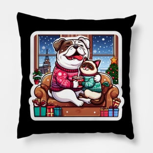 We Saw That meme Bulldog Siamese Cat Ugly Christmas Sweater Hot Chocolate Home Snowing Pillow