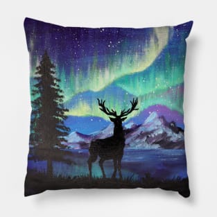 Snowy Mountain Pine Tree Starry Night Sky Deer Silhouette Northern Lights Pillow