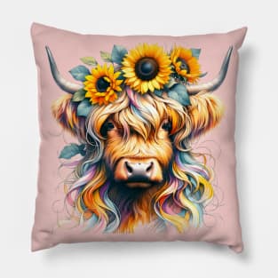 Highland Cow with Crown of Sunflowers Pillow