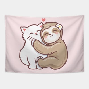 best girl friend Cute Cat loves sloth Kind hugs Tapestry