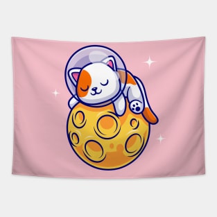 Cute Cat Astronaut Sleeping On Moon Cartoon Tapestry