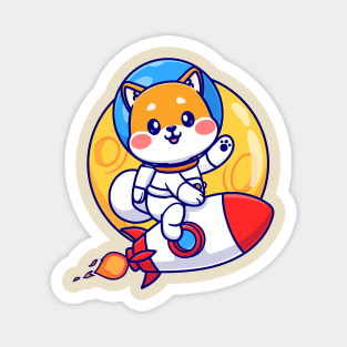 Cute Shiba Inu Astronaut Riding Rocket In Moon Space Cartoon Magnet