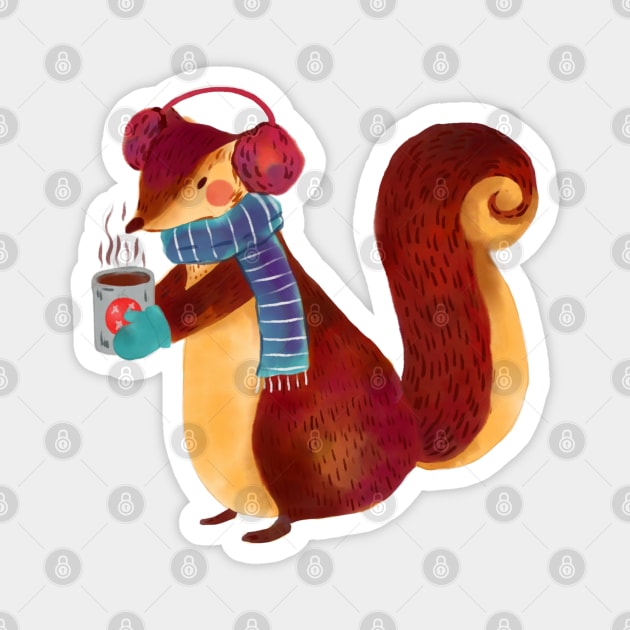 Squirrel Drinking Coffee Christmas Edition Magnet by JuanesArtShop